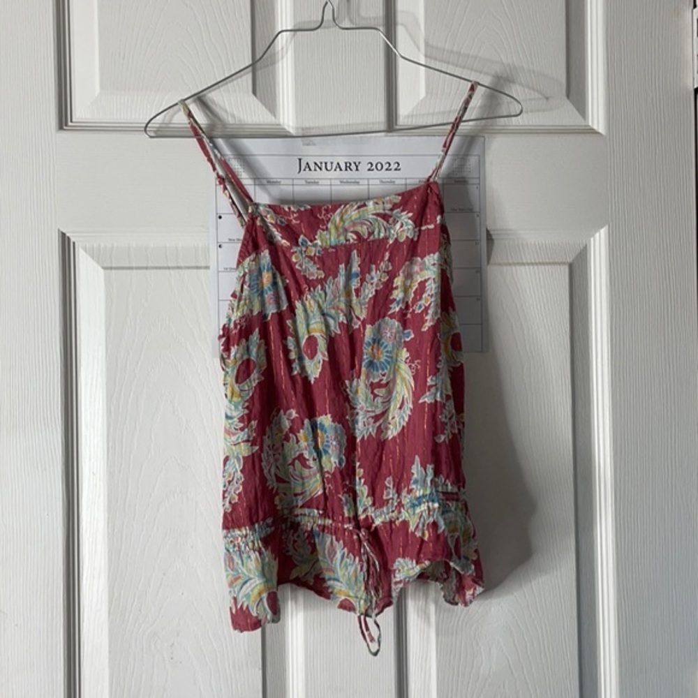 Mossimo pink floral design gold spaghetti strap tie front summer blouse top S